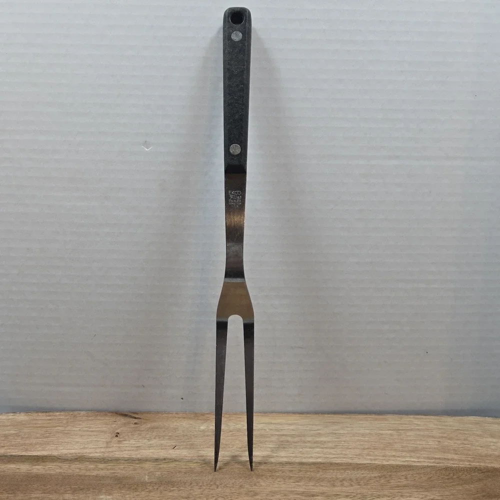 Vintage EKCO Eterna Stainless Vanadium Meat Carving Fork USA Black Rivet Handle